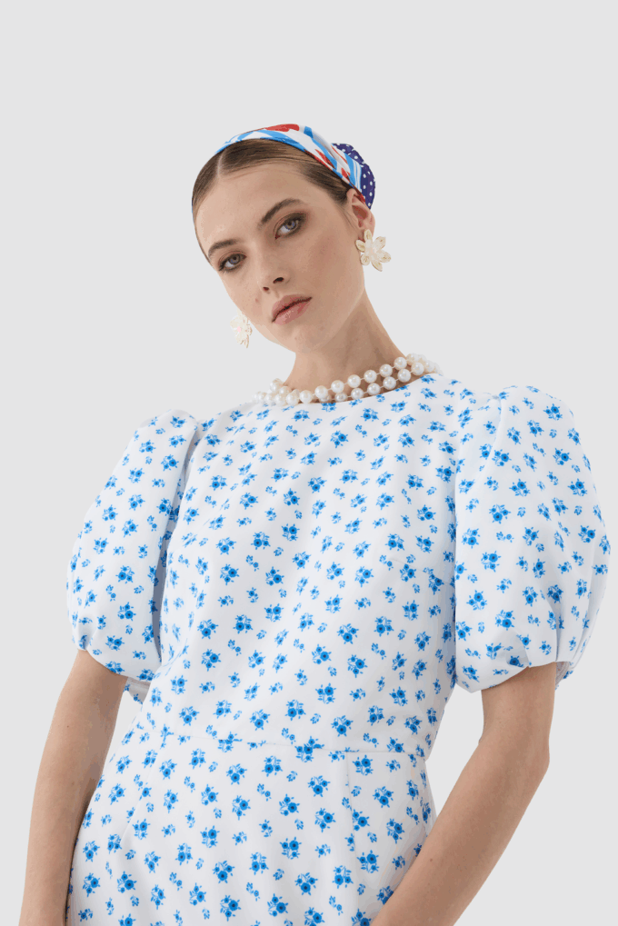 Puf Kollu Desenli Midi Elbise