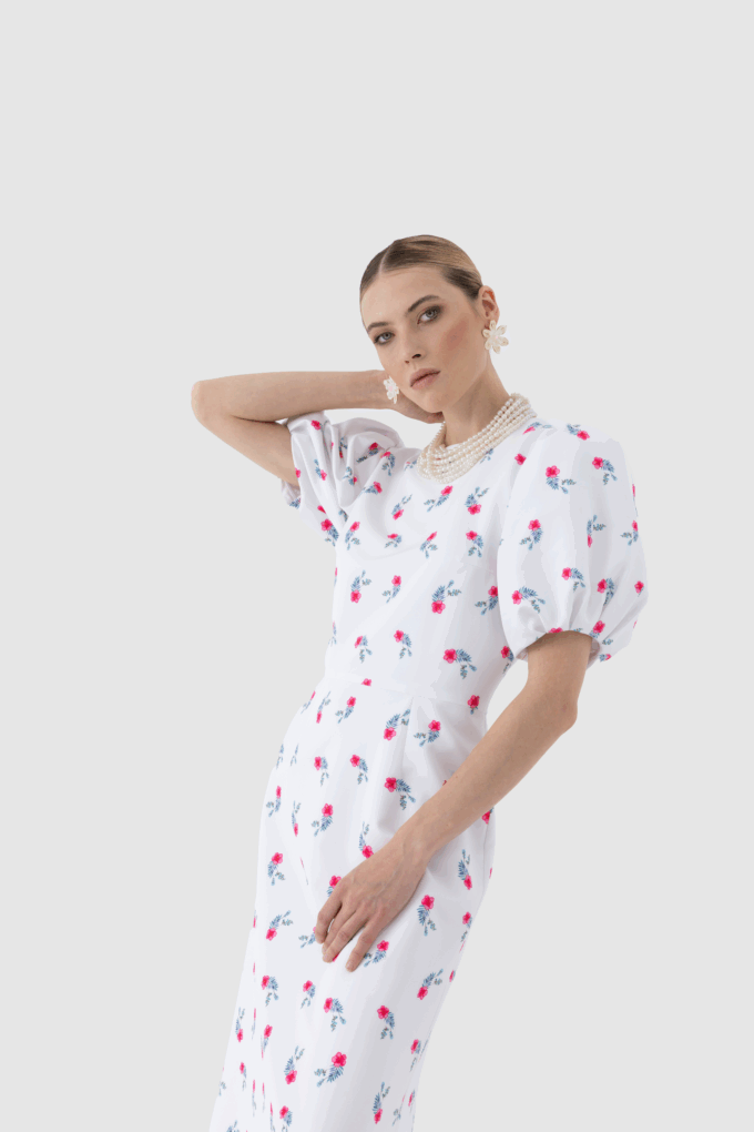 Balon Kollu Sıfır Yaka Midi Elbise