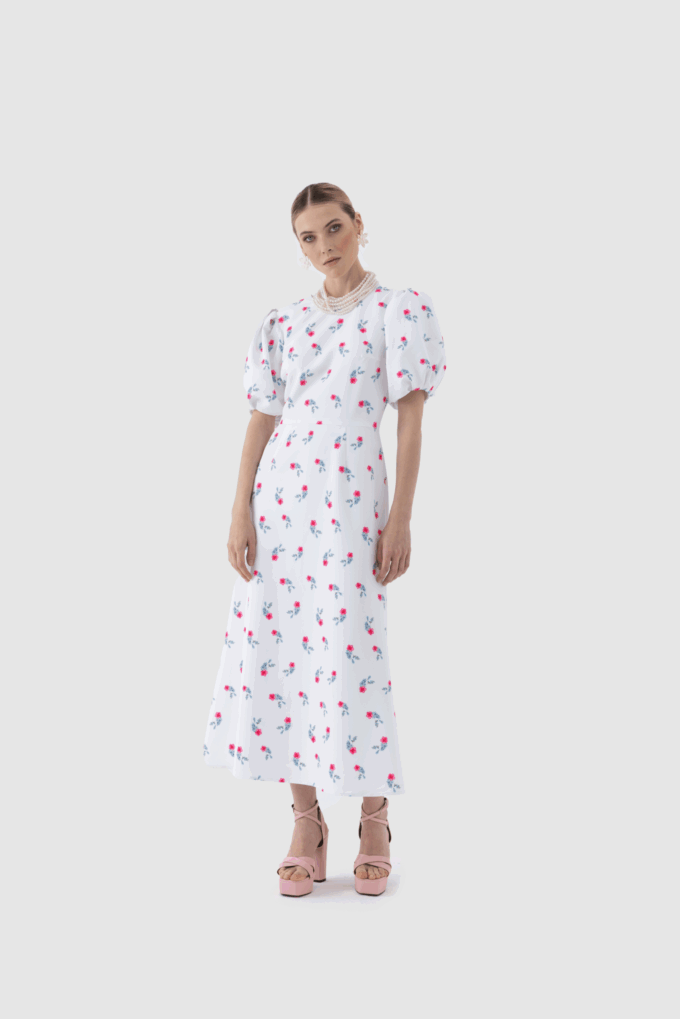 Balon Kollu Sıfır Yaka Midi Elbise