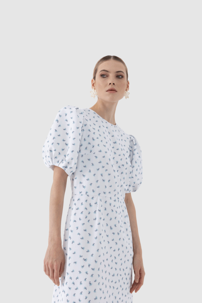 Balon Kollu Sıfır Yaka Midi Elbise