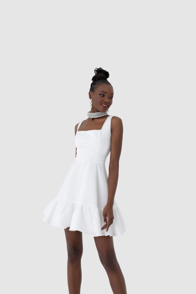 Premium Taş İşlemeli Kare Yaka Volanlı Mini Elbise - Beyaz