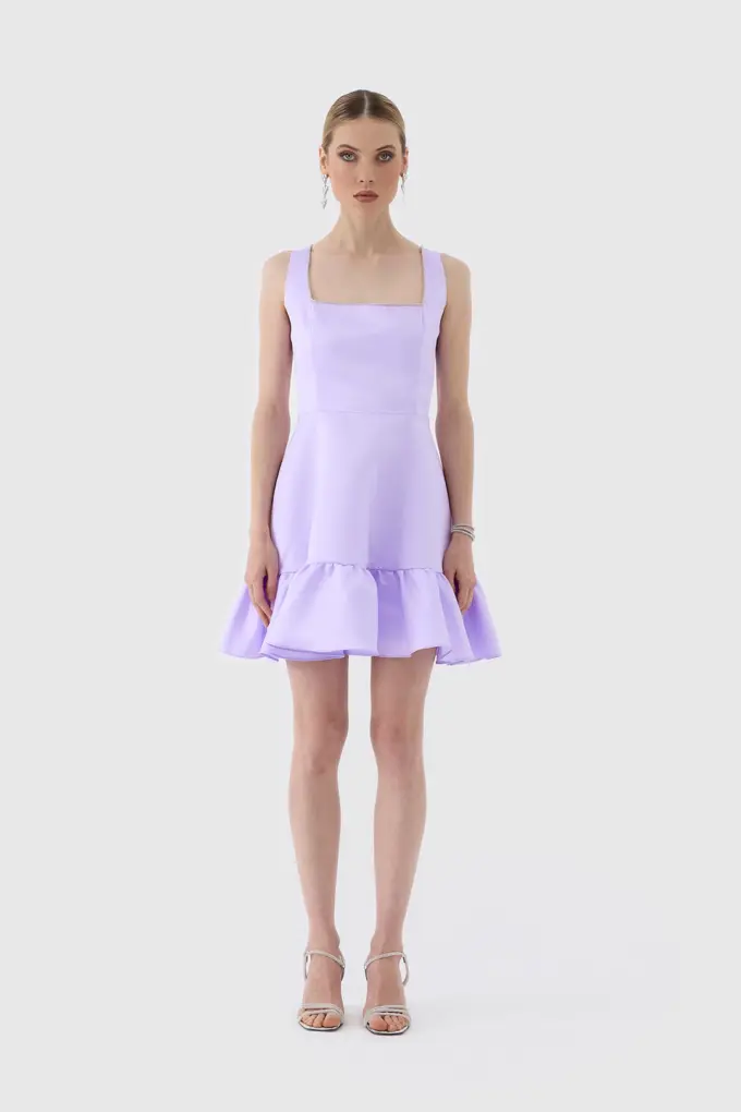 Premium Taş İşlemeli Kare Yaka Volanlı Mini Elbise - Lila