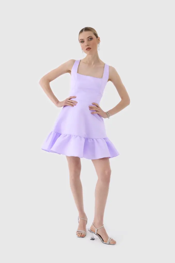 Premium Taş İşlemeli Kare Yaka Volanlı Mini Elbise - Lila