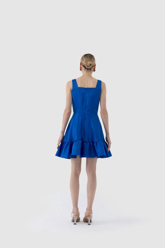 Premium Taş İşlemeli Kare Yaka Volanlı Mini Elbise - Mavi