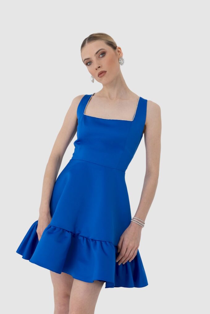 Premium Taş İşlemeli Kare Yaka Volanlı Mini Elbise - Mavi