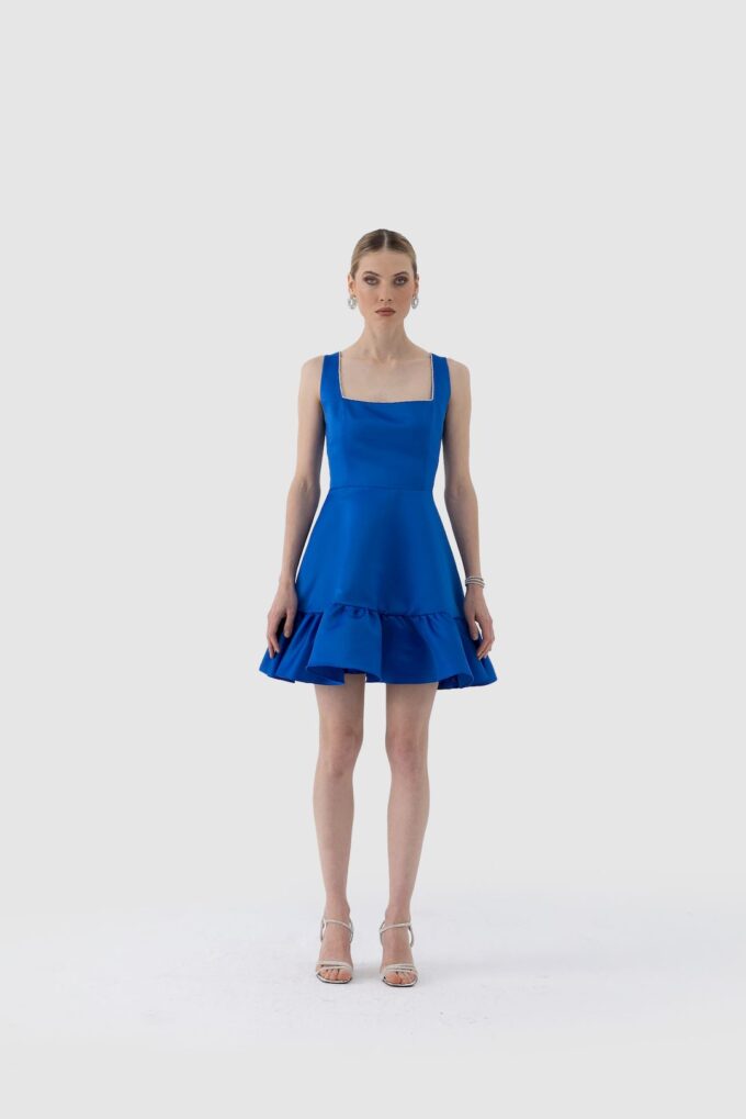 Premium Taş İşlemeli Kare Yaka Volanlı Mini Elbise - Mavi