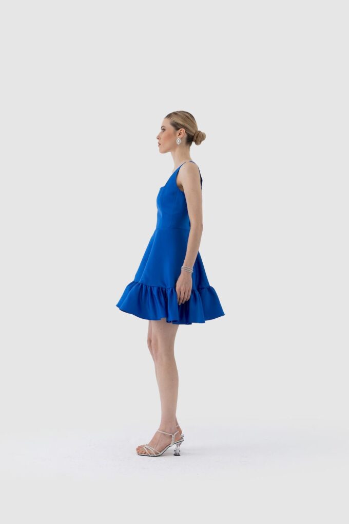 Premium Taş İşlemeli Kare Yaka Volanlı Mini Elbise - Mavi