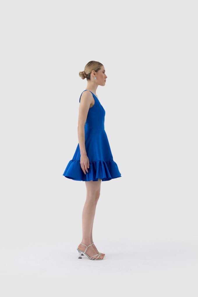 Premium Taş İşlemeli Kare Yaka Volanlı Mini Elbise - Mavi