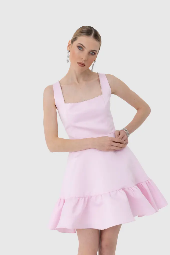 Premium Taş İşlemeli Kare Yaka Volanlı Mini Elbise - Pembe