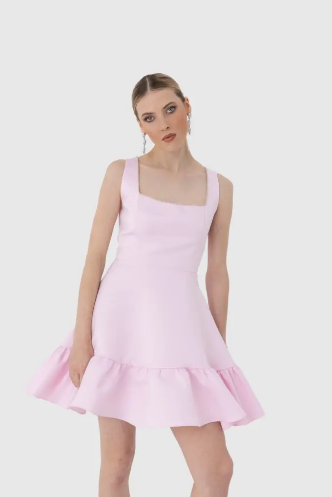 Premium Taş İşlemeli Kare Yaka Volanlı Mini Elbise - Pembe