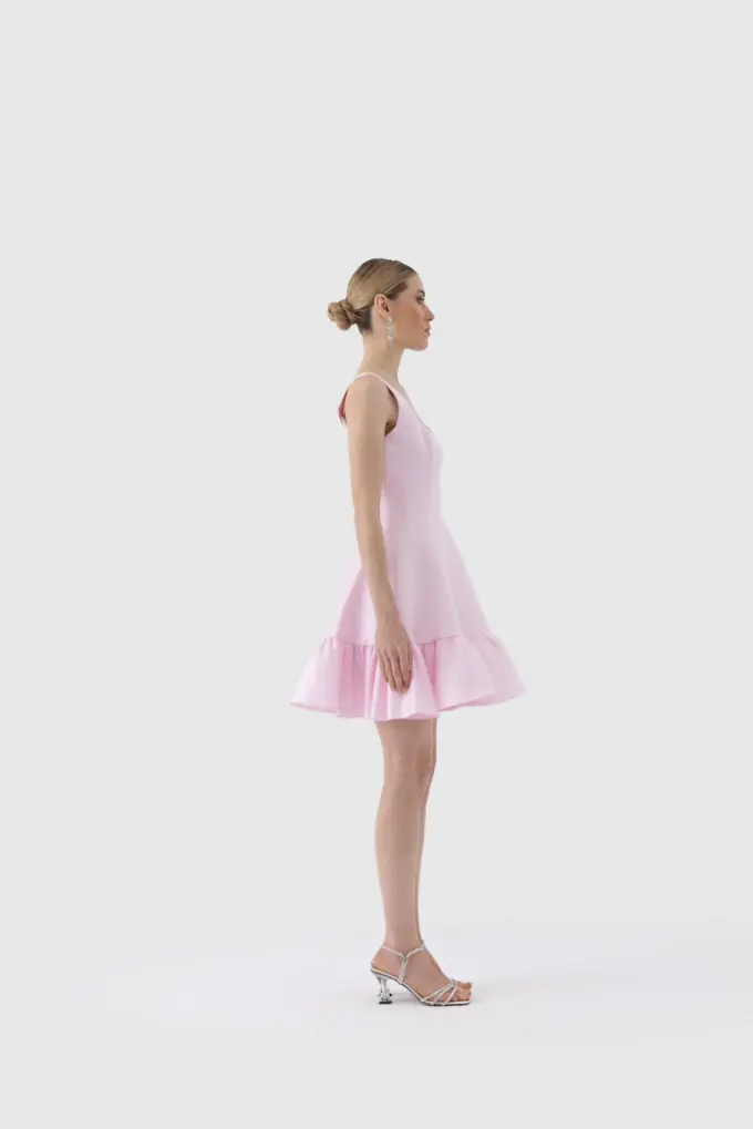 Premium Taş İşlemeli Kare Yaka Volanlı Mini Elbise - Pembe