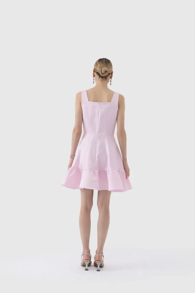 Premium Taş İşlemeli Kare Yaka Volanlı Mini Elbise - Pembe