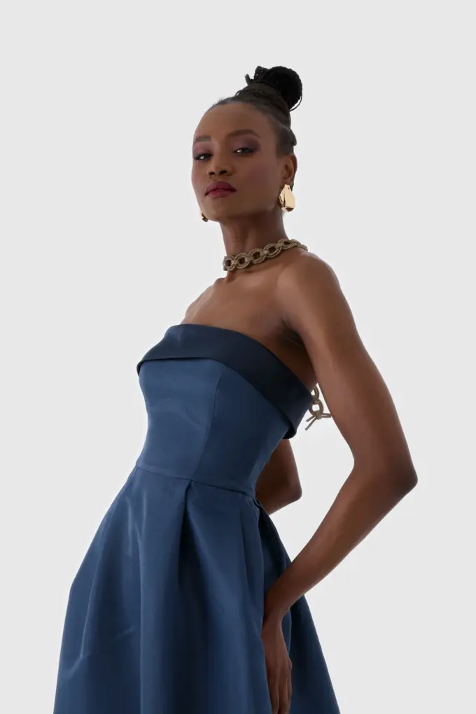 Lacivert Straplez Midi Boy Kokteyl Elbisesi