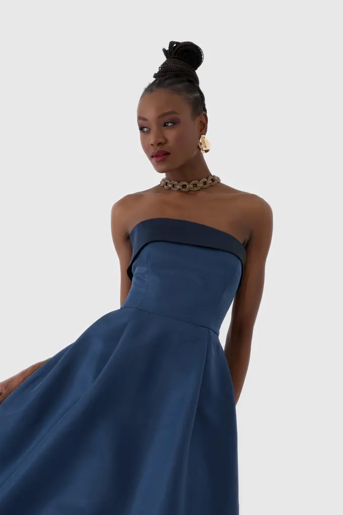 Lacivert Straplez Midi Boy Kokteyl Elbisesi
