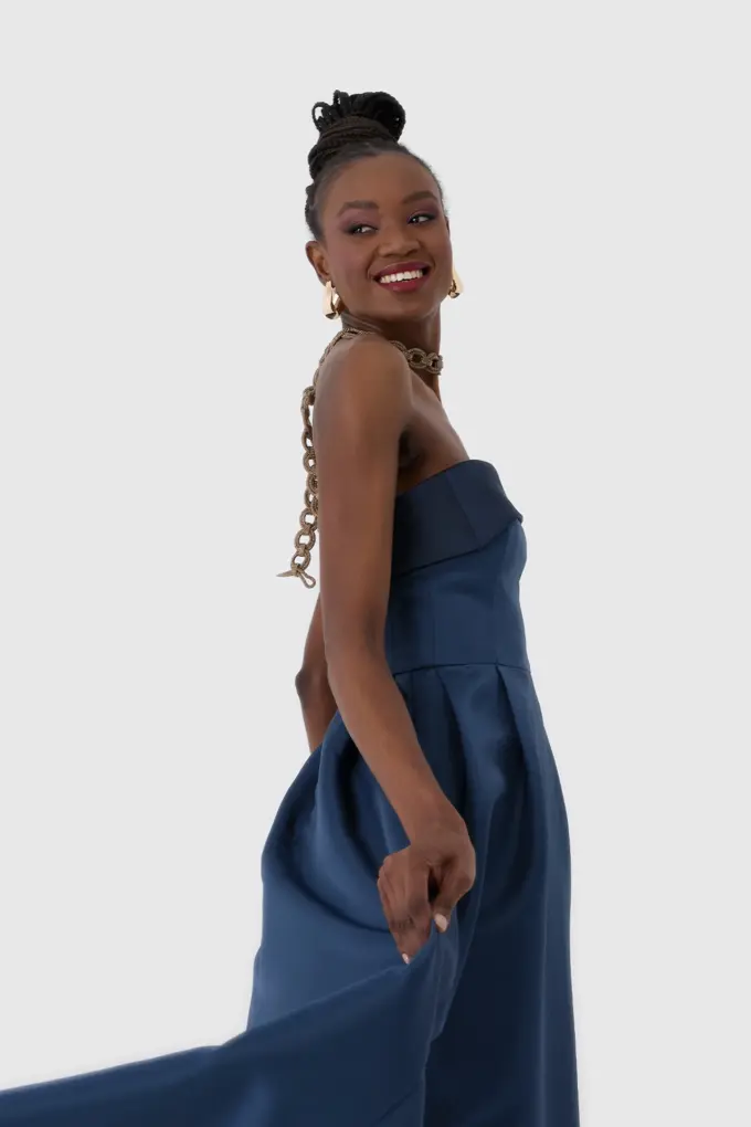 Lacivert Straplez Midi Boy Kokteyl Elbisesi