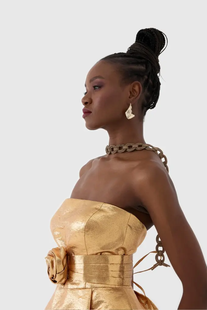 Altın Metalik Mini Gece Elbisesi