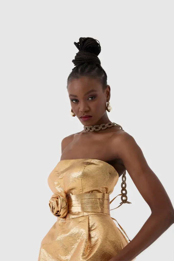 Altın Metalik Mini Gece Elbisesi