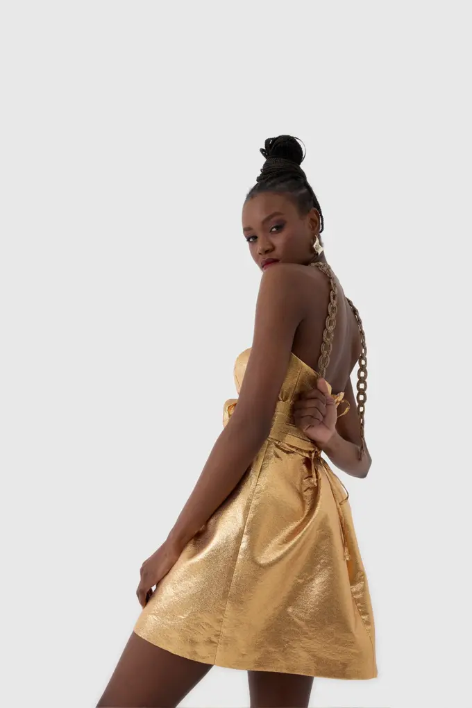 Altın Metalik Mini Gece Elbisesi