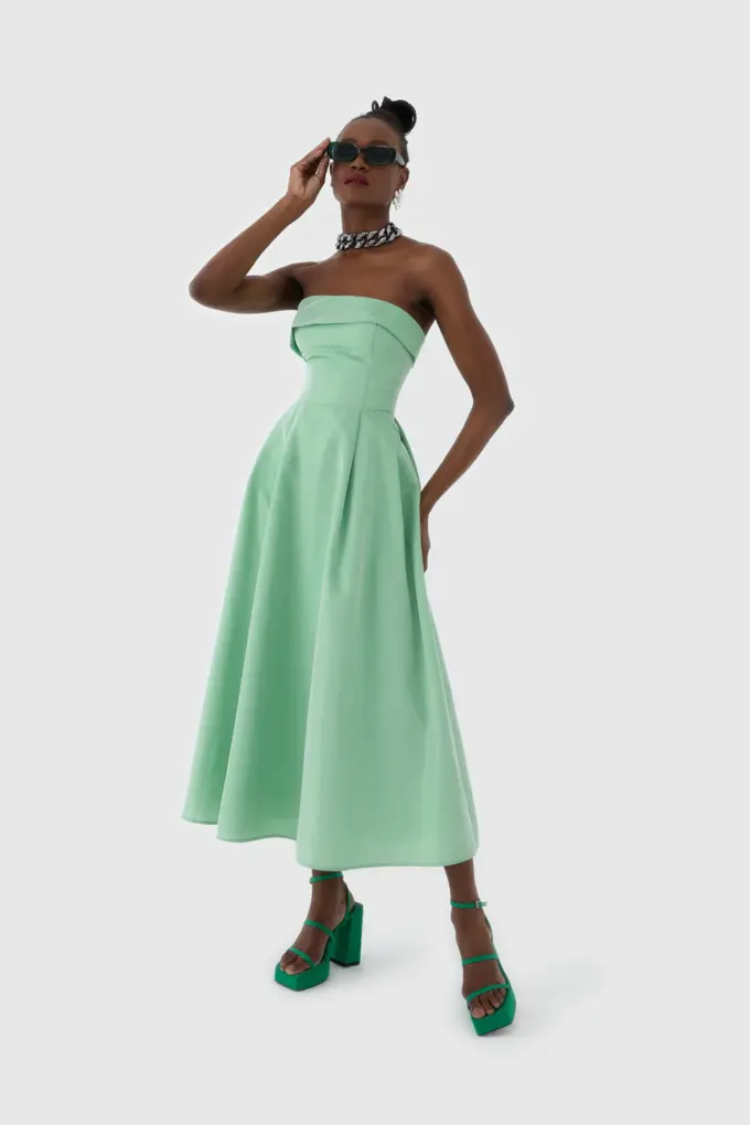 Mint Yeşili Straplez Midi Boy Kokteyl Elbisesi