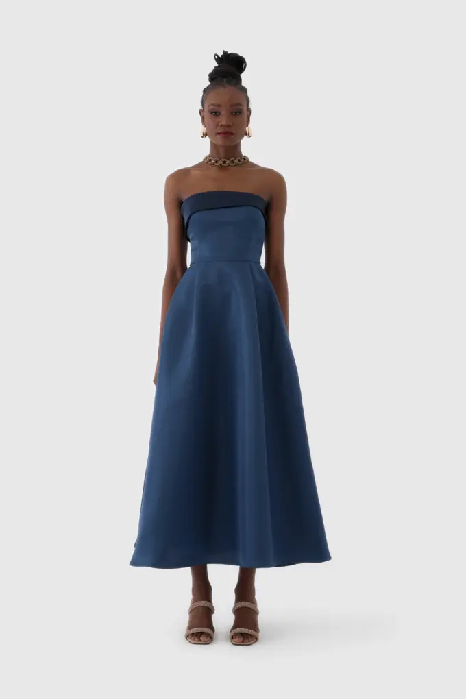 Lacivert Straplez Midi Boy Kokteyl Elbisesi