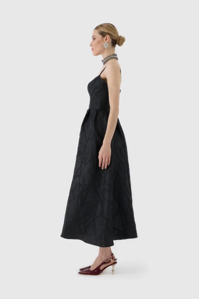 Modern Zarafet - Siyah Dokulu Midi Boy Kokteyl Elbisesi