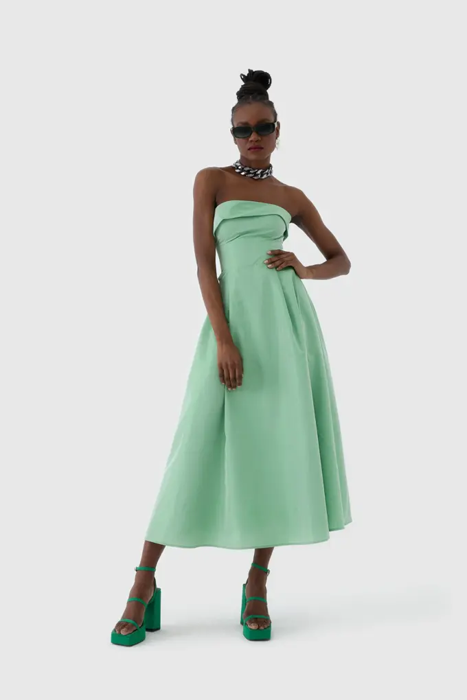 Mint Yeşili Straplez Midi Boy Kokteyl Elbisesi