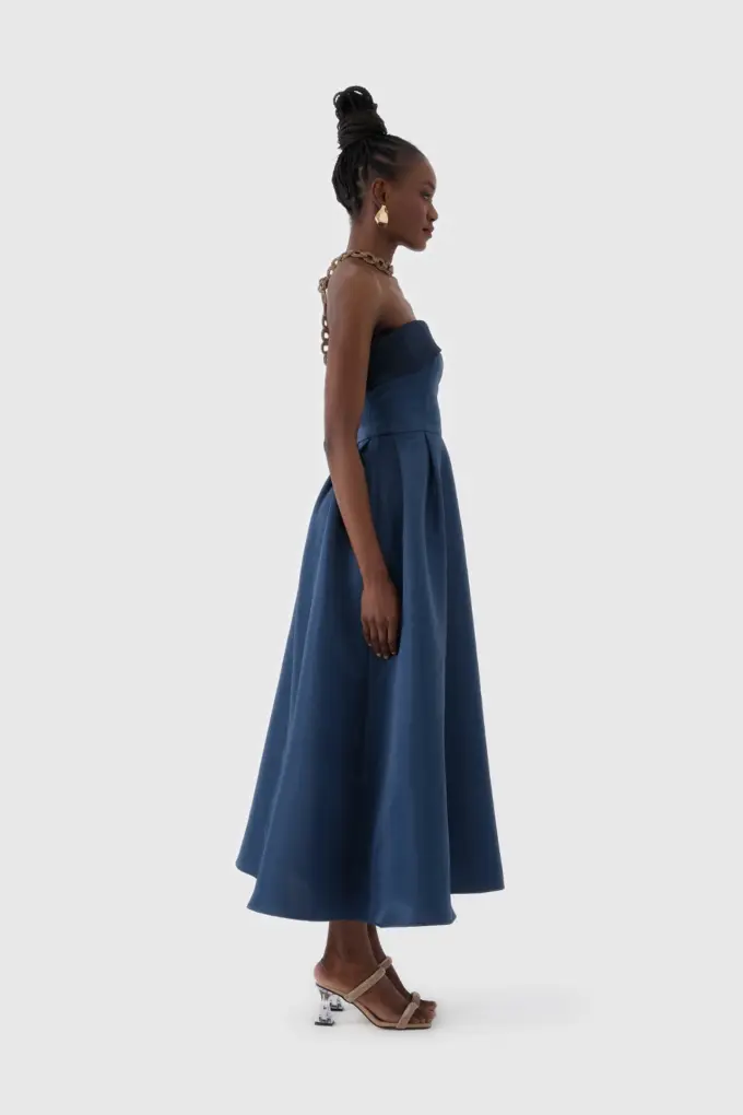 Lacivert Straplez Midi Boy Kokteyl Elbisesi
