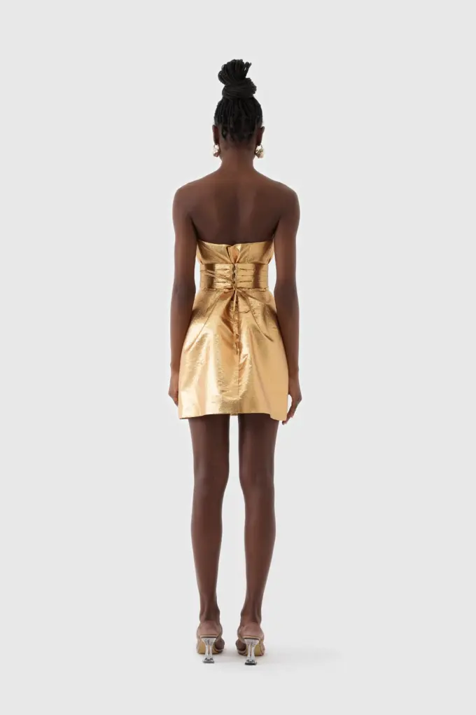Altın Metalik Mini Gece Elbisesi