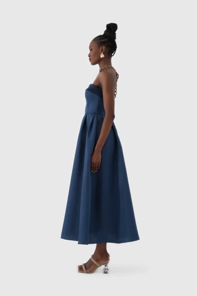 Lacivert Straplez Midi Boy Kokteyl Elbisesi
