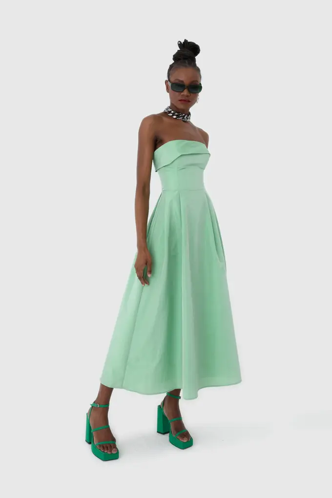 Mint Yeşili Straplez Midi Boy Kokteyl Elbisesi