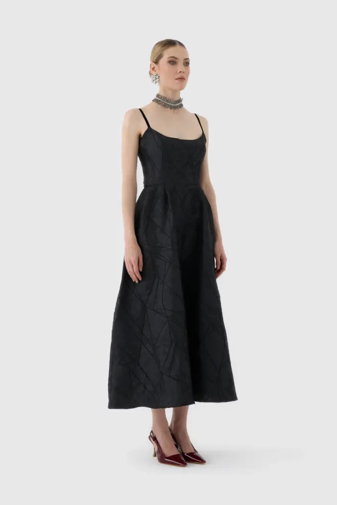 Modern Zarafet - Siyah Dokulu Midi Boy Kokteyl Elbisesi