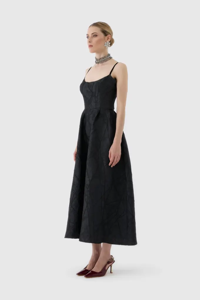 Modern Zarafet - Siyah Dokulu Midi Boy Kokteyl Elbisesi