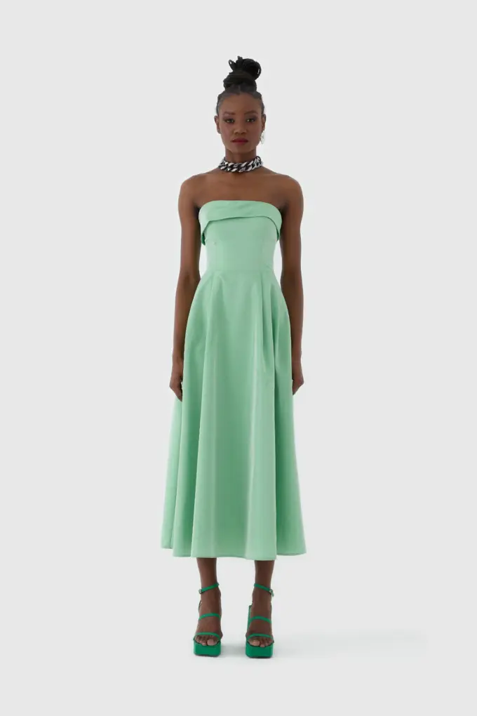 Mint Yeşili Straplez Midi Boy Kokteyl Elbisesi