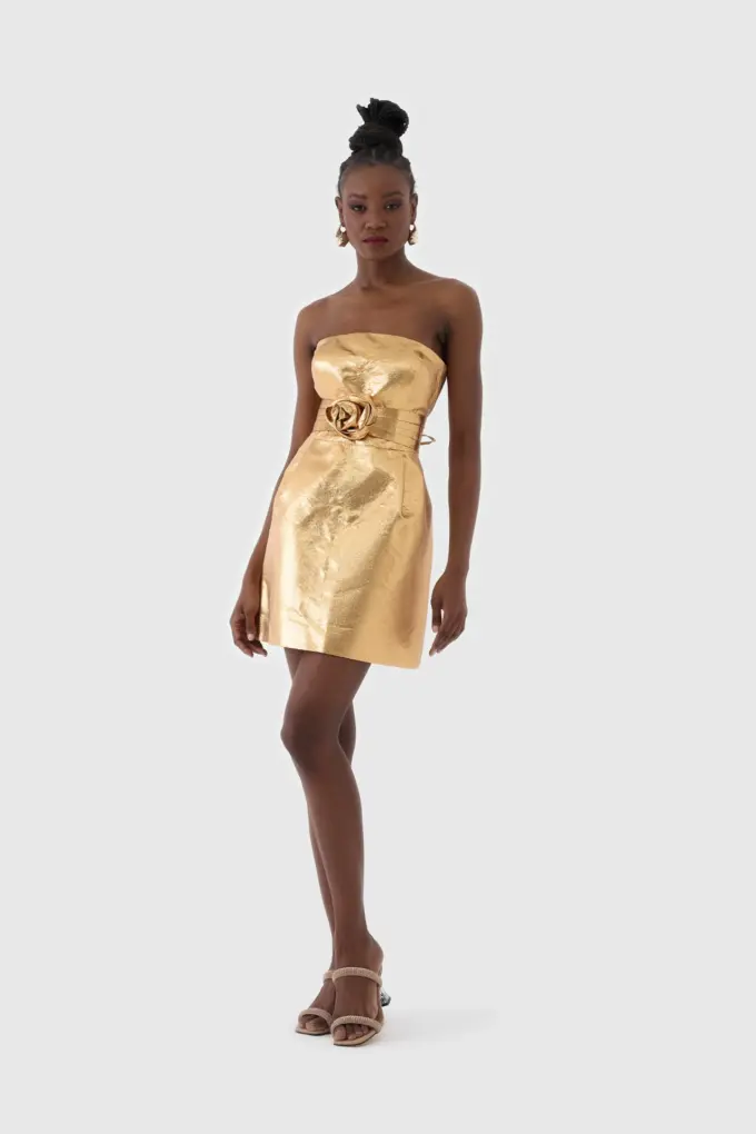Altın Metalik Mini Gece Elbisesi