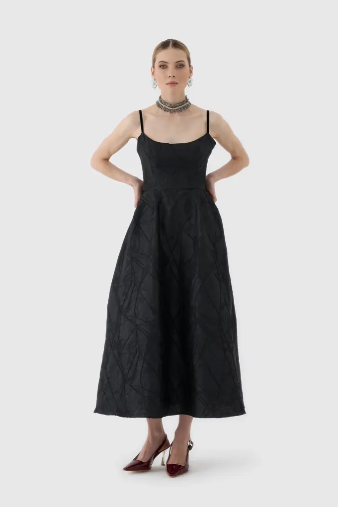 Modern Zarafet - Siyah Dokulu Midi Boy Kokteyl Elbisesi