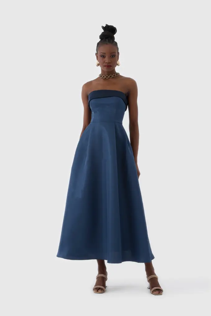 Lacivert Straplez Midi Boy Kokteyl Elbisesi