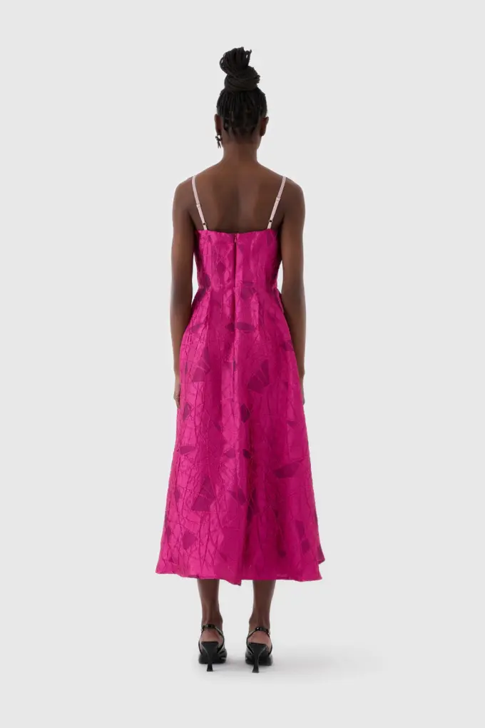 Fuşya Dokulu Midi Boy Kokteyl Elbisesi