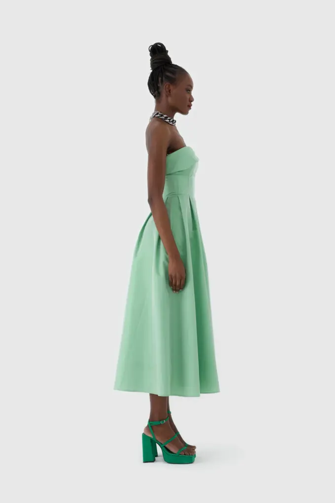 Mint Yeşili Straplez Midi Boy Kokteyl Elbisesi