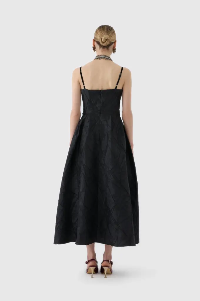 Modern Zarafet - Siyah Dokulu Midi Boy Kokteyl Elbisesi