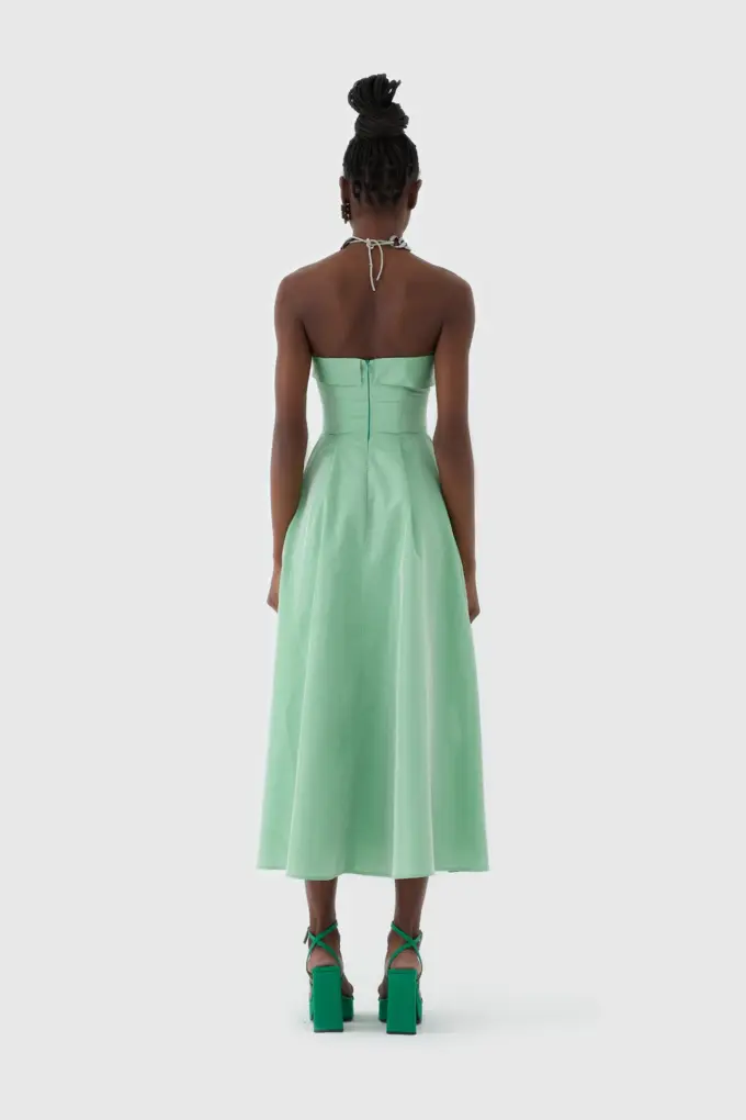 Mint Yeşili Straplez Midi Boy Kokteyl Elbisesi