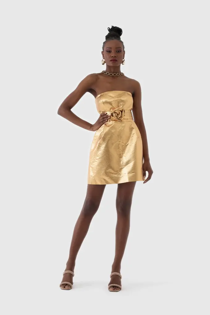 Altın Metalik Mini Gece Elbisesi