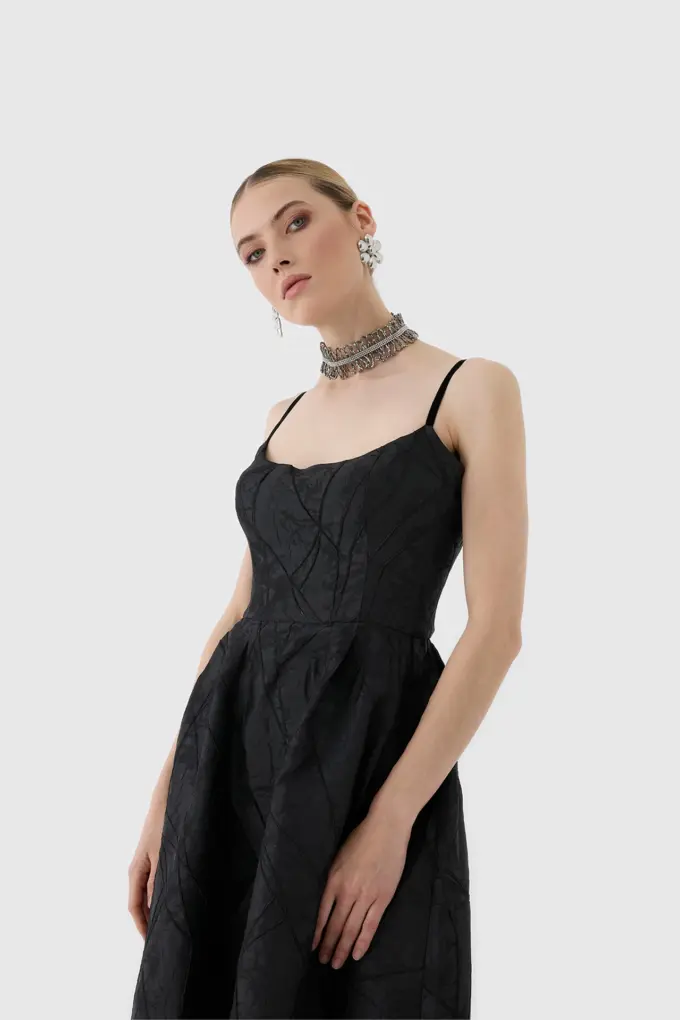 Modern Zarafet - Siyah Dokulu Midi Boy Kokteyl Elbisesi