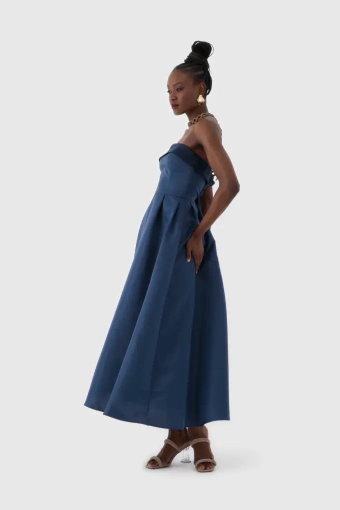 Lacivert Straplez Midi Boy Kokteyl Elbisesi