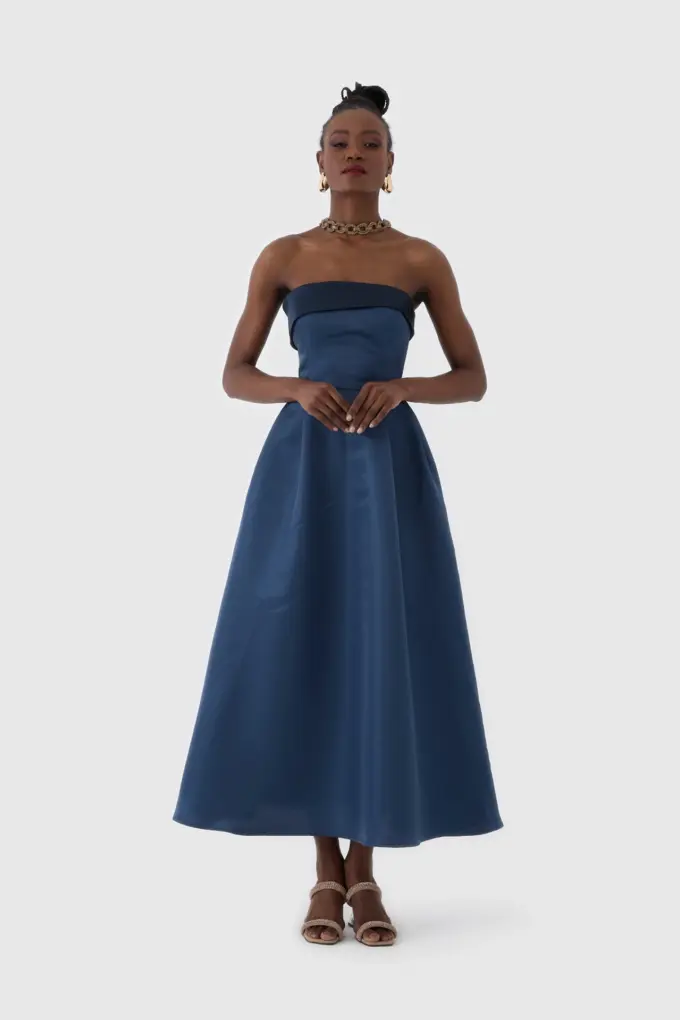 Lacivert Straplez Midi Boy Kokteyl Elbisesi