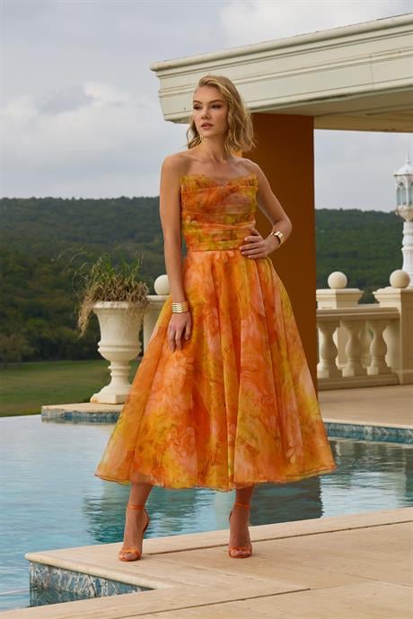 Orange Pliseli Organze Abiye Elbise