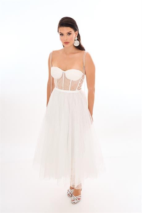 Beyaz Midi Dantelli Nikah Elbisesi