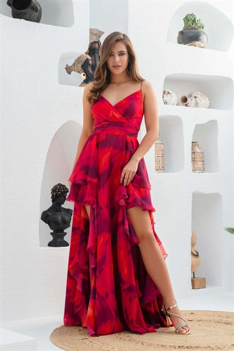 Eva Fashion Fuşya Empirme Bacak Dekolteli Uzun Abiye Elbise